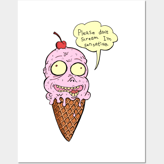 Pink Strawberry Ice Cream Spooky Cute Summer Drawing Wall Art by Awful Waffle Press